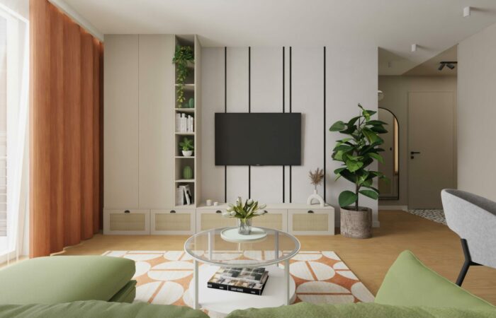 Ściana telewizyjna w projekcie wnętrza.