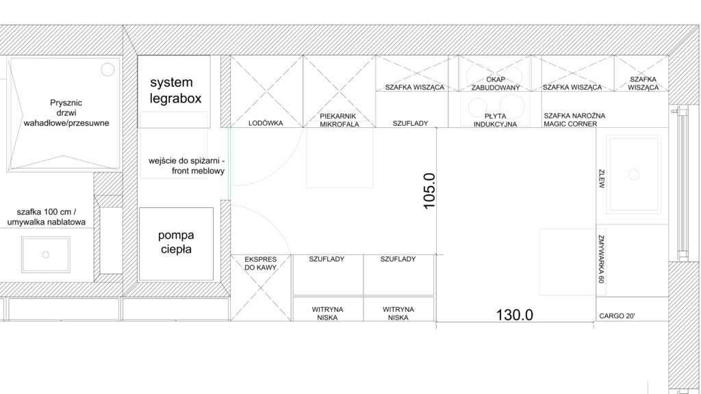układ funkcjonalny kuchni z małą spiżarnią