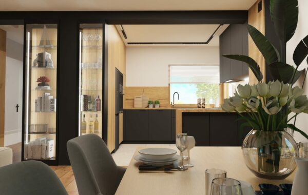 Projekt nowoczesnej kuchni połączonej z salonem. Witryny na wymiar