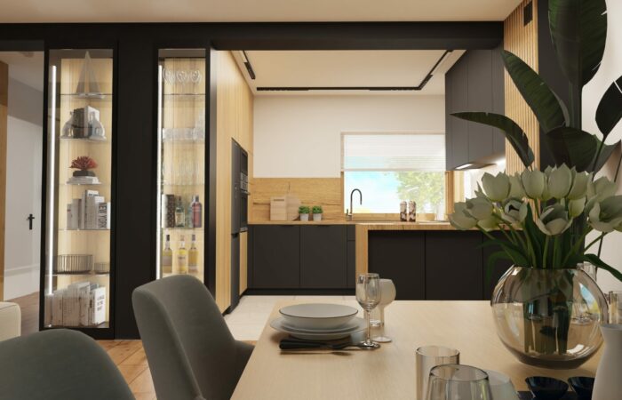 Projekt nowoczesnej kuchni połączonej z salonem. Witryny na wymiar