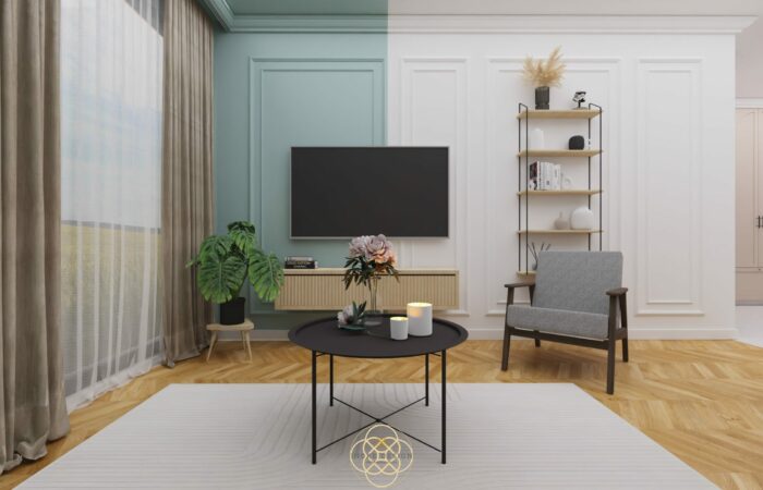 Miętowy akcent w mieszkaniu na wynajem. Sztukaterie