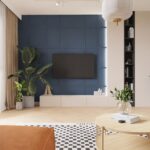 Granatowa ściana medialna w projekcie domu