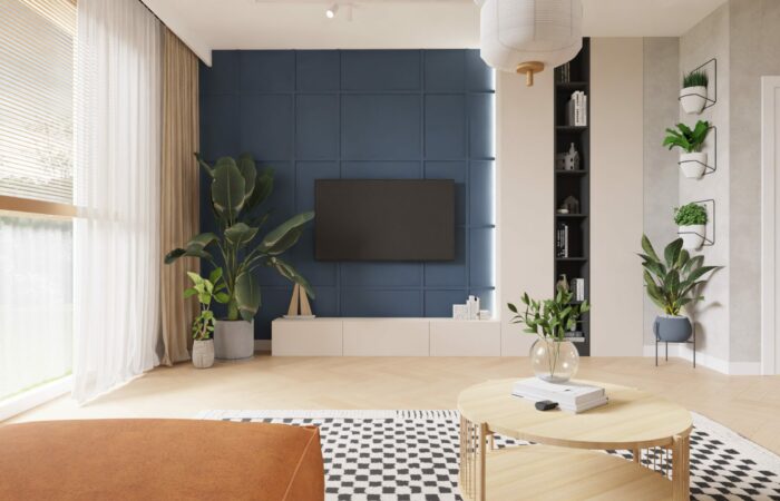 Granatowa ściana medialna w projekcie domu