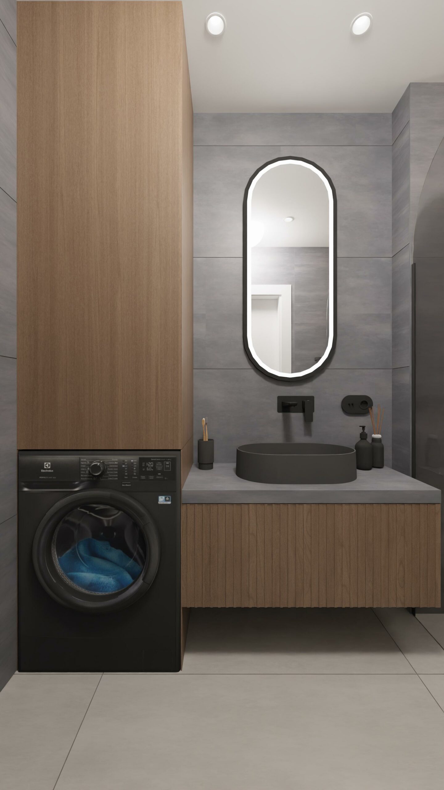 Szaro-drewniana-lazienka. Projekt pralki w zabudowie.