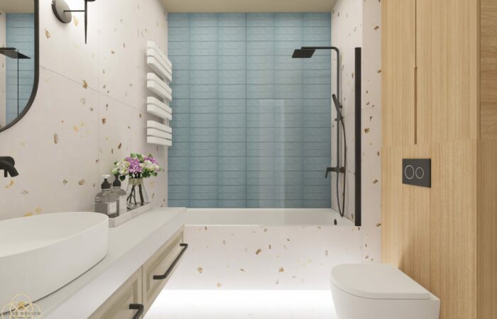 Projekt wnetrza lazienki w mieszkaniu pary. Wanna w zabudowie i nad nią małe cegiełki